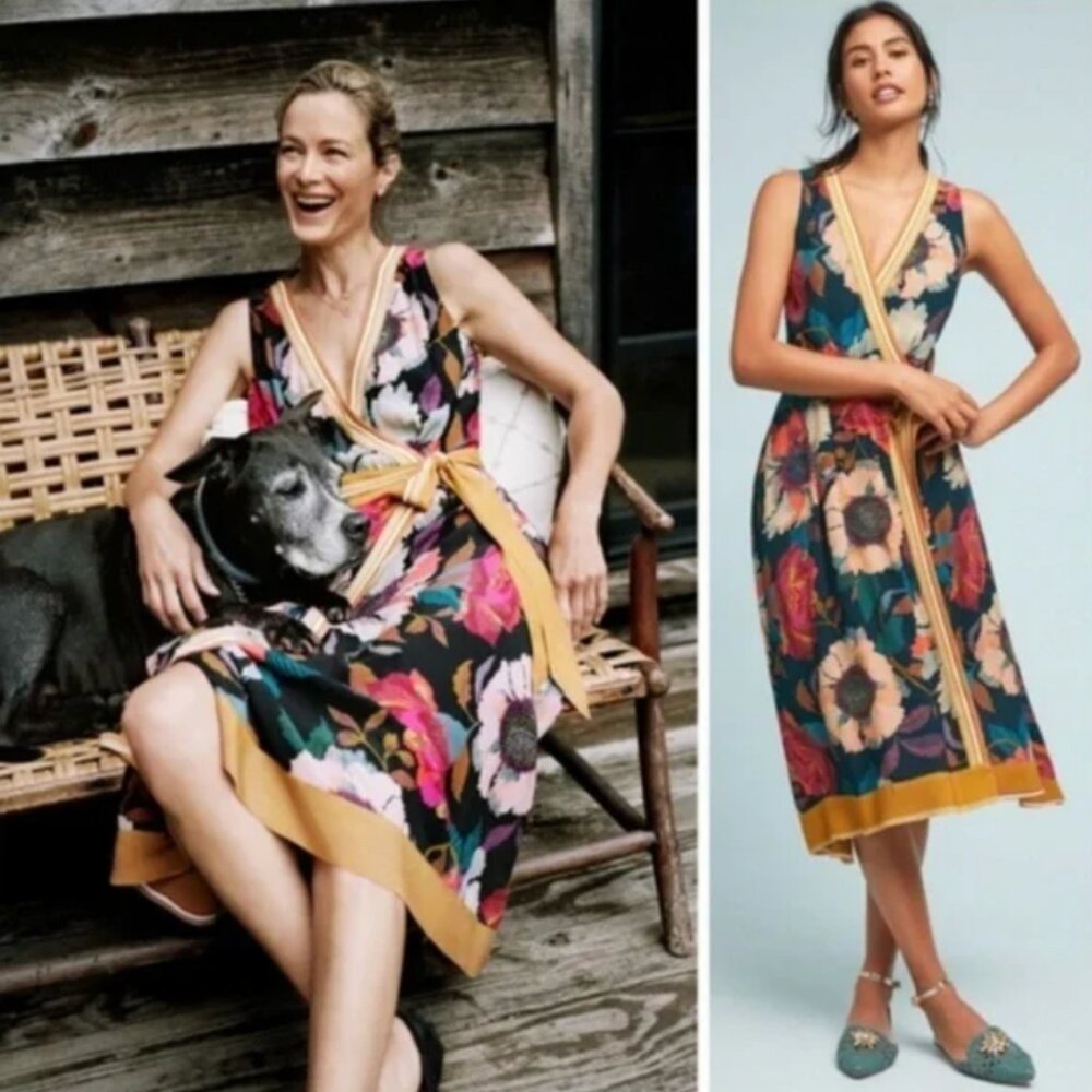 Anthropologie Maeve Floral Handkerchief Hem Wrap Dress sz16